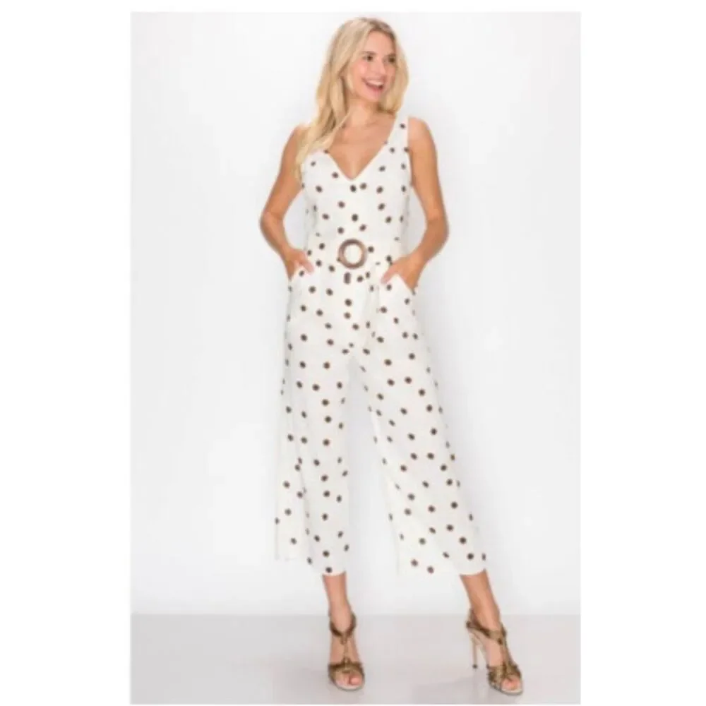 Monteau linen blend polka dot belted jumpsuit- L